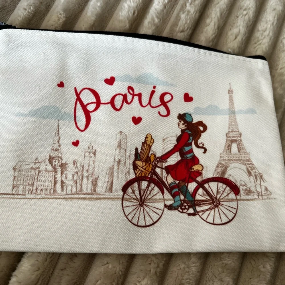 New Paris Bicycle canvas Makeup bag tote Pouch White & Red Eiffel Tower